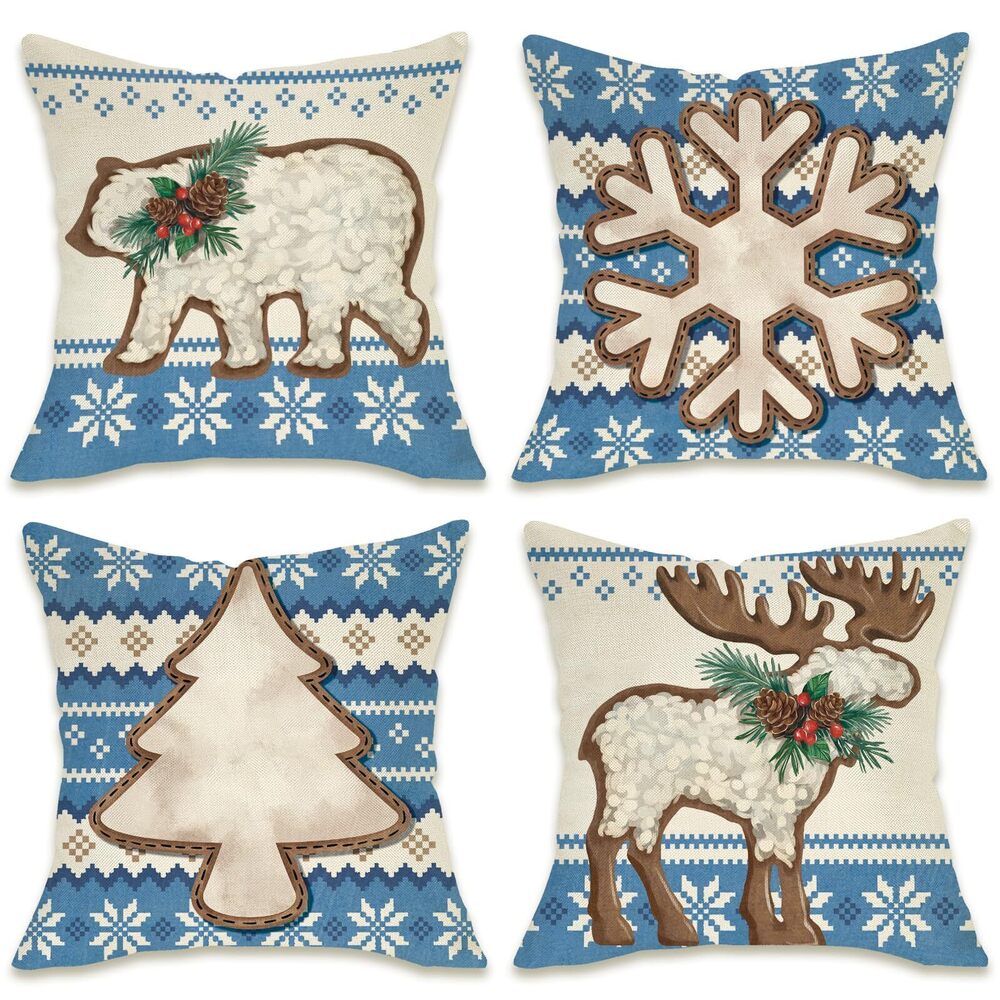 8926 Blue Winter Decorative Throw Pillow Covers 18 x 18 Set of 4, Kniting